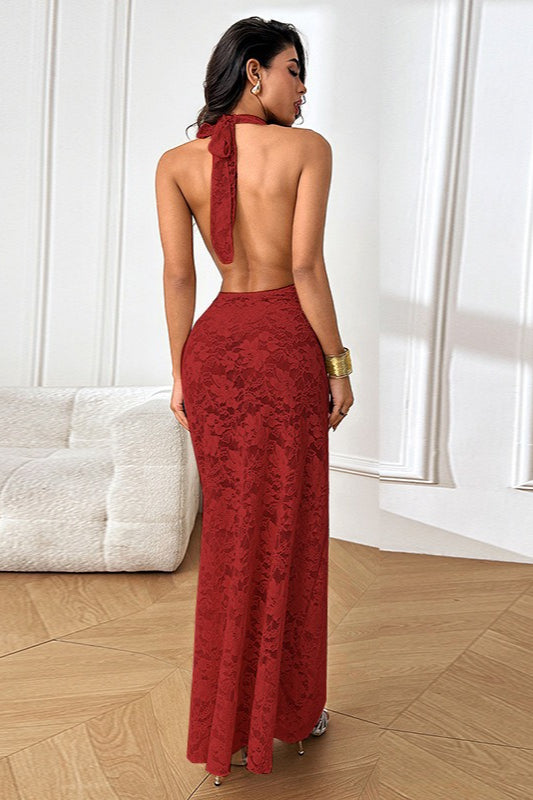 Halter Neck Cowl Floral Lace Backless Maxi Dress