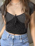 Ditsy Floral Print Mesh Splice Short Sleeve Tee