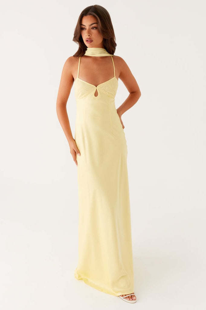 Yellow V-Neck Tie Back Satin Maxi Dress