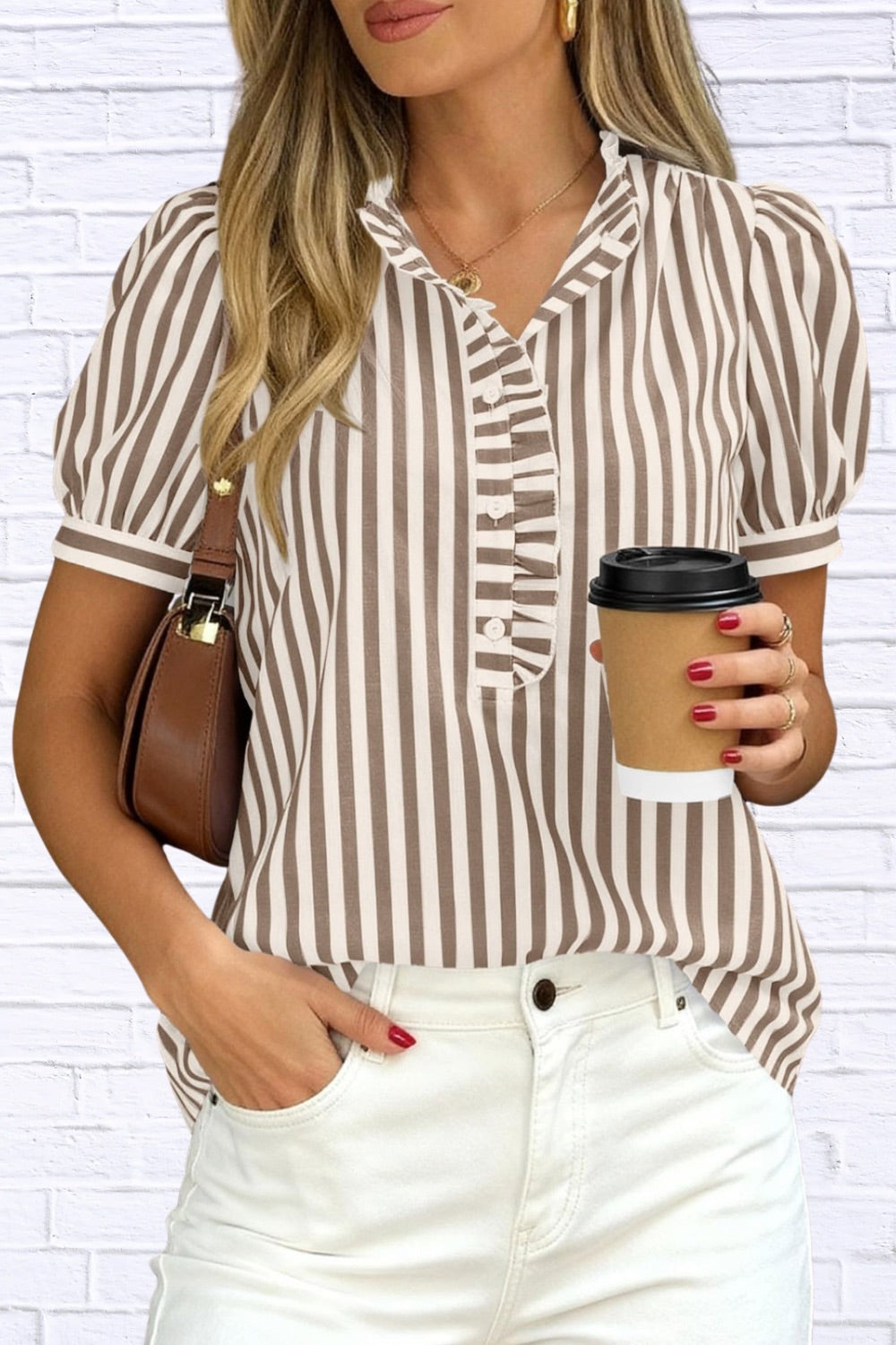 Frill Striped Puff Sleeve Blouse | Chic Women__ Top
