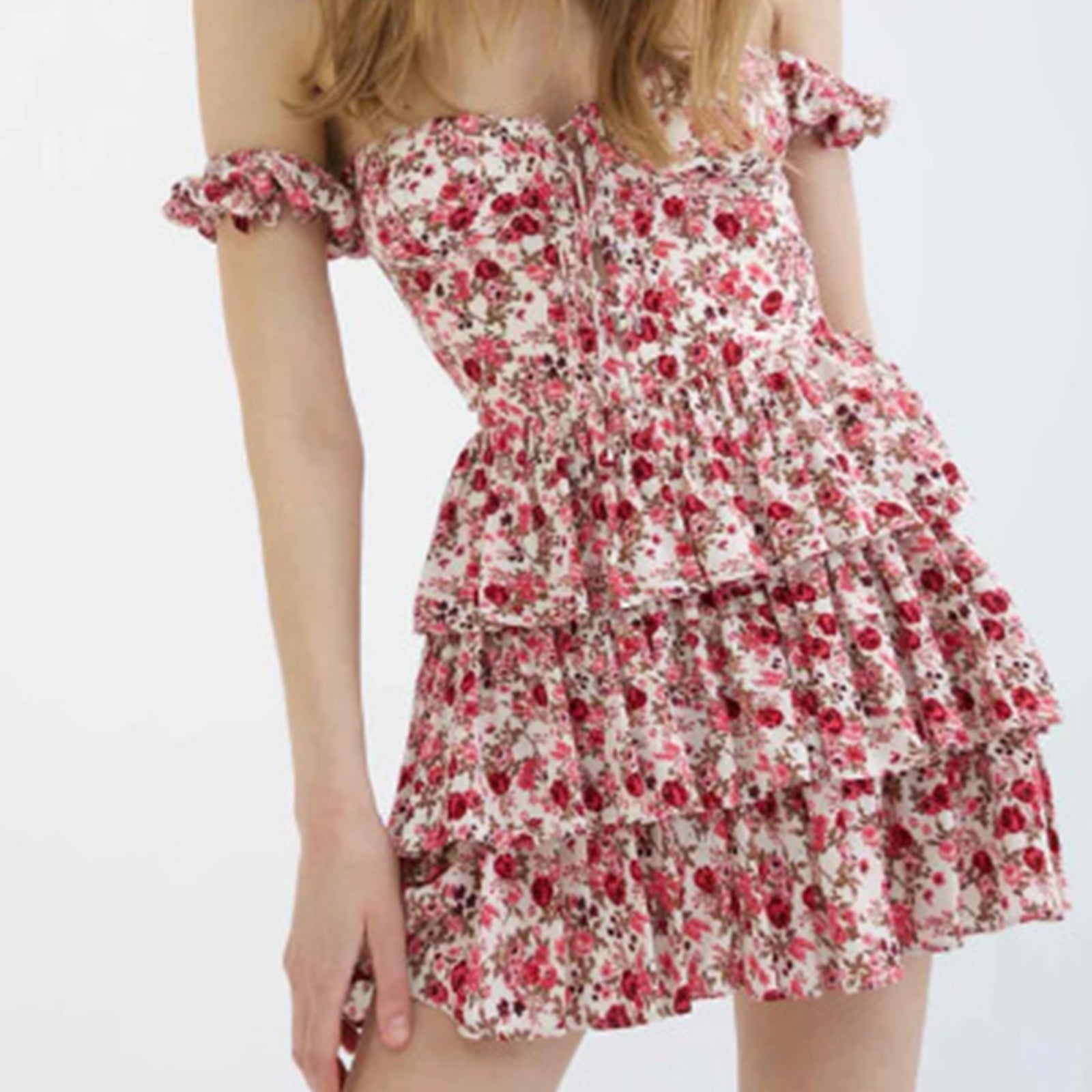 Floral Print Off Shoulder Lace Up Corset Tiered Ruffle Mini Dress