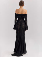 Black Floral Lace Maxi Dress Off Shoulder Bell Long Sleeve Mermaid Bodycon Dress For Women 2026