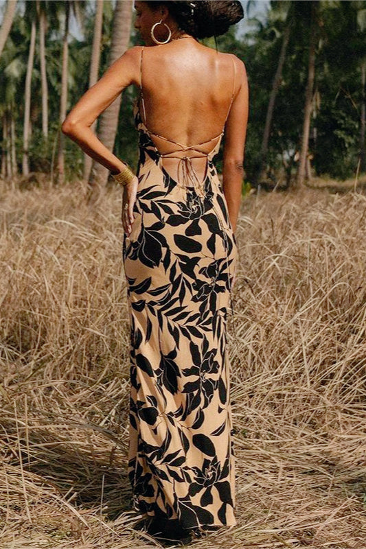 Floral Print Spaghetti Strap Cowl Neck Slip Maxi Dress