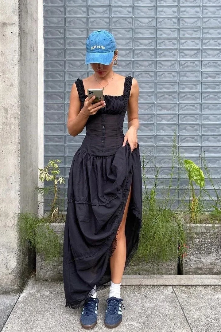 Cotton Square Neck Ruffle Trim Corset Button Front Tiered Ruffle Maxi Dress