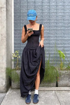 Cotton Square Neck Ruffle Trim Corset Button Front Tiered Ruffle Maxi Dress