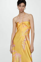 Halter Twist Knot Spaghetti Tie Floral Print Satin Maxi Gown