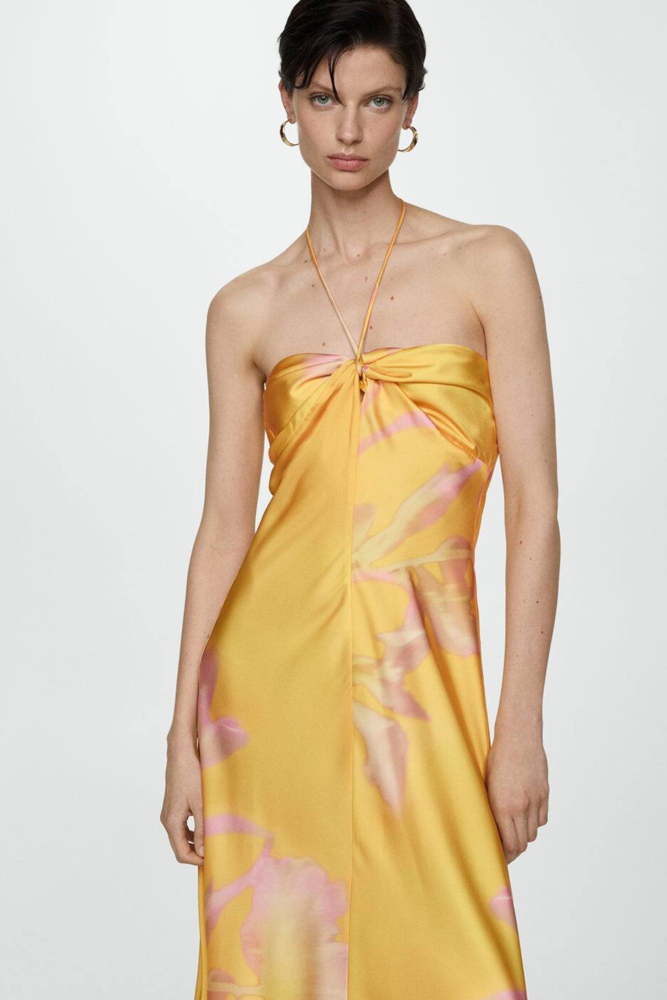Halter Twist Knot Spaghetti Tie Floral Print Satin Maxi Gown