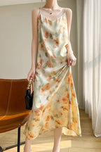 Satin Floral Print Spaghetti Strap Cami Slip Midi Dress