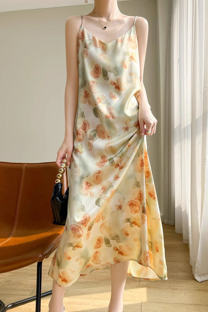 Satin Floral Print Spaghetti Strap Cami Slip Midi Dress