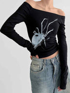 Spider Print Off Shoulder Slim Long Sleeve Tee