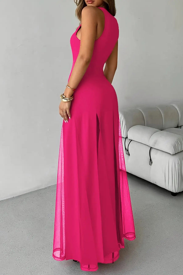 Solid Color Round Neck Sleeveless Slim Fit Sheer Patchwork Hem Maxi Dress