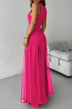 Solid Color Round Neck Sleeveless Slim Fit Sheer Patchwork Hem Maxi Dress