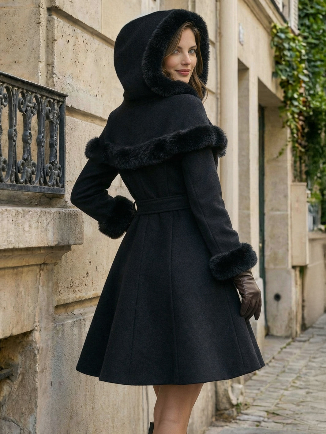 Faux Fur Trimmed Belted Wool Blend coat With Hooded Cape For Women 2026