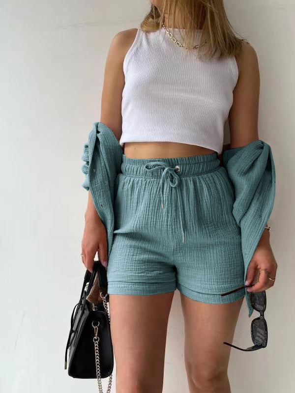 Long-sleeved Shirt And High-waisted Drawstring Shorts Casual Two-piece Set