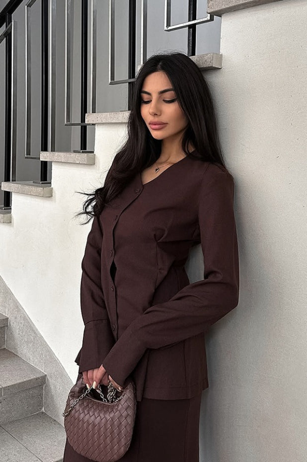 V Neck High Waist Fishtail Two Piece Blazer Skirt Set