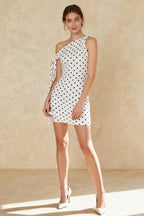 Polka Dot One Shoulder Tie Strap Ruched Bodycon Mini Dress
