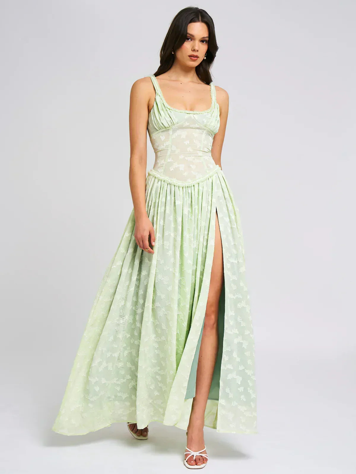 Lace Overlay Corset Bodice Scoop Neck Pleated Thigh Slit Maxi Dress