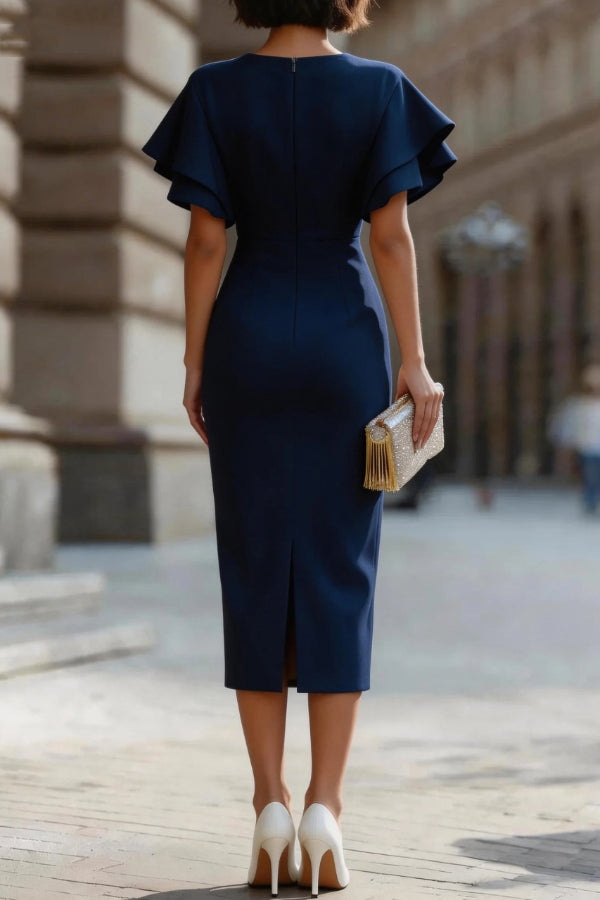 Solid Color Round Neck Ruffle Sleeve Elegant Slim-fit Midi Dress