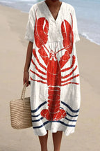 Lobster Print V-Neck Short Sleeve Nautical Stripe Hem Shift Midi Dress