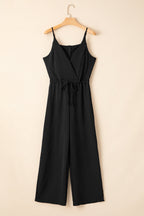 Black Solid Spaghetti Strap Wide Leg Drawstring High Waist Jumpsuit