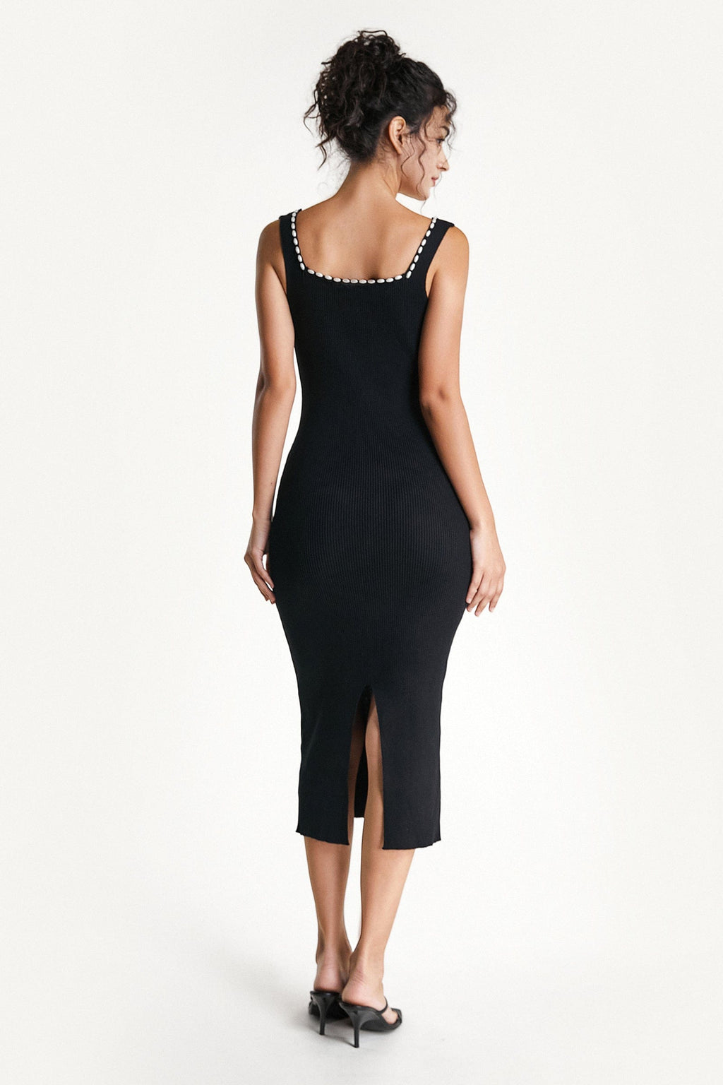 Sweetheart Neck Pearl Trim Rib Knit Bodycon Midi Dress
