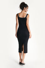 Sweetheart Neck Pearl Trim Rib Knit Bodycon Midi Dress