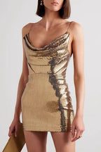 Cowl Neck Spaghetti Strap Sequin Bodycon Mini Dress