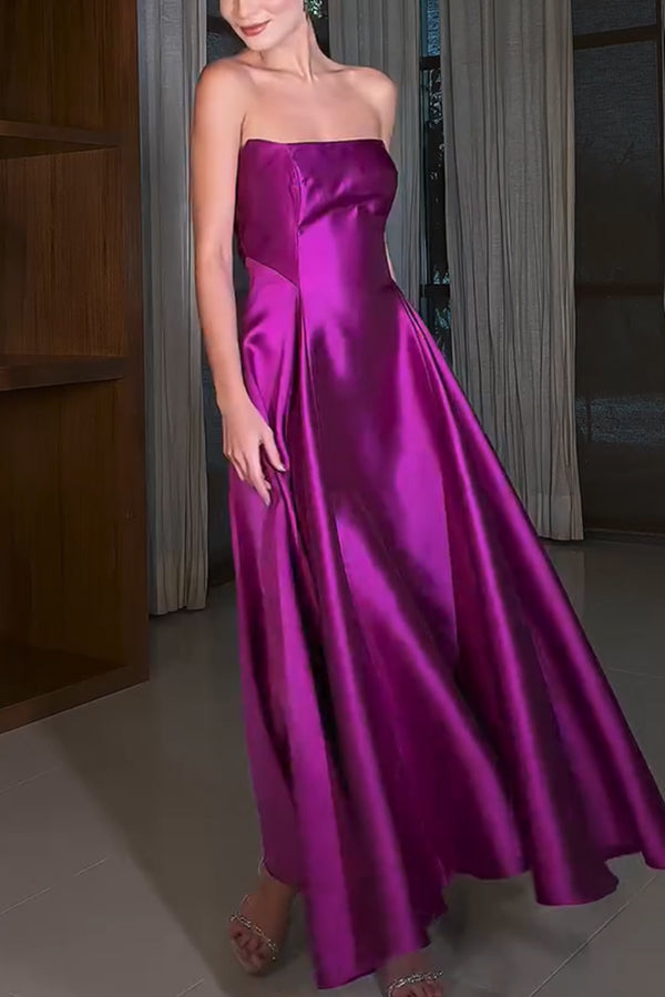 Strapless Satin Ball Gown Floor Length A-Line Maxi Dress