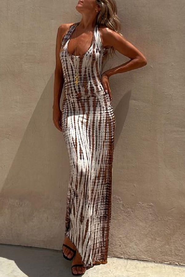 Tie Dye Print Halter Strappy Back Bodycon Maxi Dress