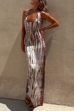 Tie Dye Print Halter Strappy Back Bodycon Maxi Dress