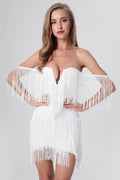 Fringe Off Shoulder Deep V-Neck Bodycon Mini Cocktail Dress