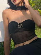 Low Cut Metal Decor Mesh Bandeau Top