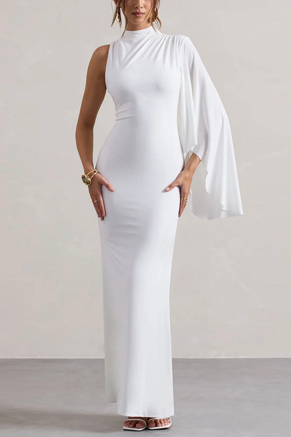 Mock Neck One Shoulder Ruffle Sleeve Mermaid Hem Maxi Gown