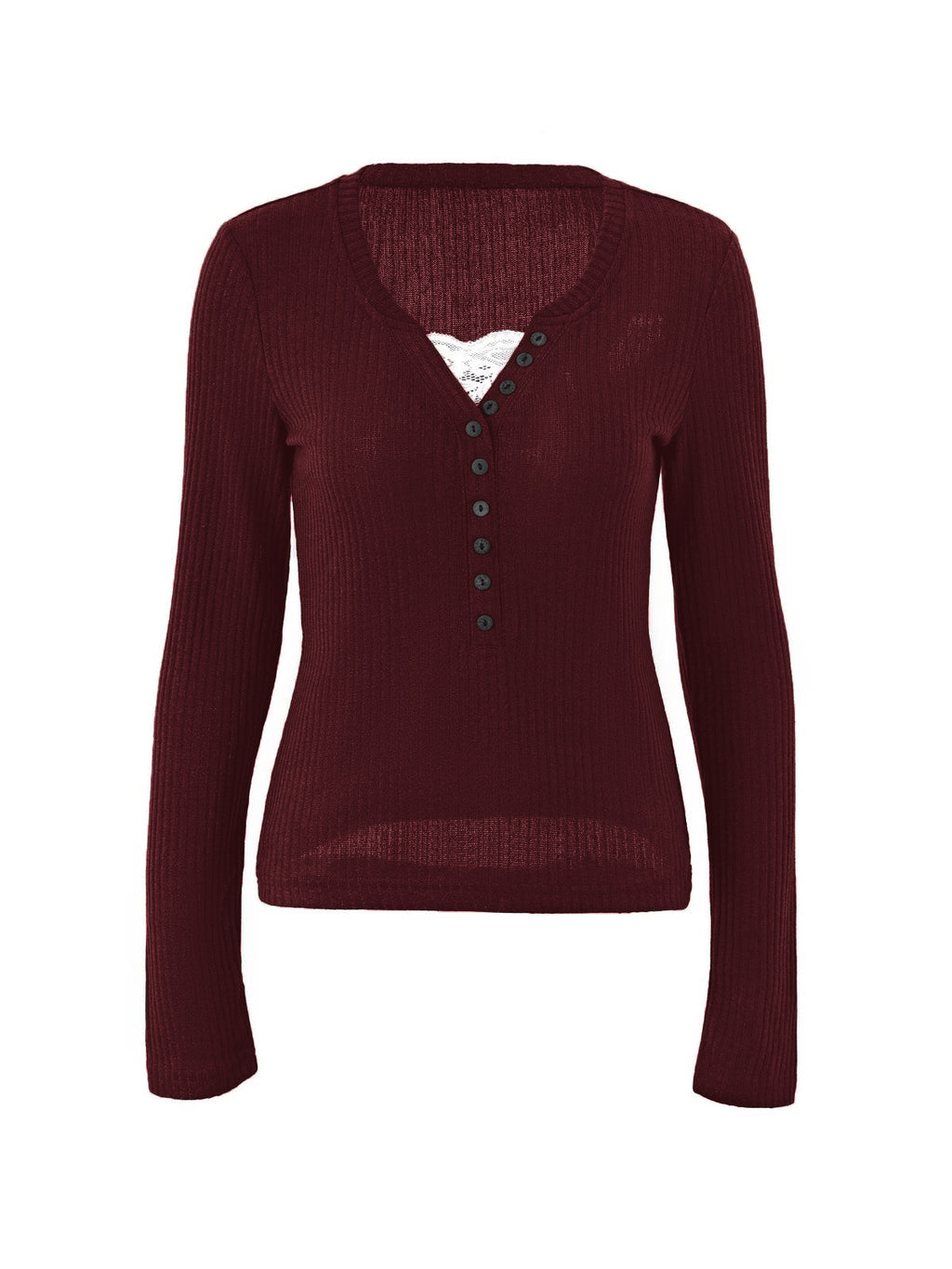 Lace Paneled Button Long Sleeve Knit Top