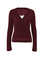 Lace Paneled Button Long Sleeve Knit Top