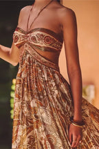 Brown Strapless Lace-up Pleated Dress