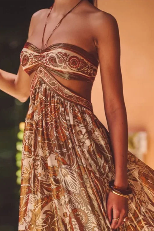 Brown Strapless Lace-up Pleated Dress