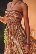 Brown Strapless Lace-up Pleated Dress