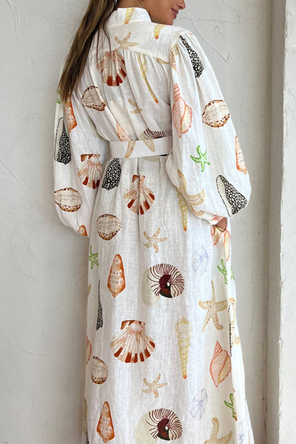 Mandarin Collar Button-Front Puff Sleeve Seashell Starfish Print Belted Maxi Shirt Dress