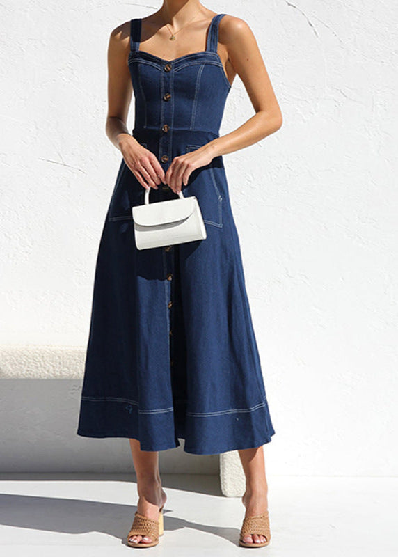 Denim Square Neck Button Front Patch Pocket Midi Dress
