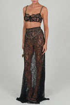 Stylish Lace Camisole Bra Top and Vacation See-through Maxi Fishtail Skirt Set