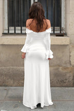 Lace Trim Deep V-Neck Bell Sleeve Knotted Hip Drape Maxi Dress