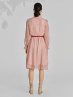Polka Dot Mock Neck Button Front Ruffle Cuff Fit and Flare Midi Dress