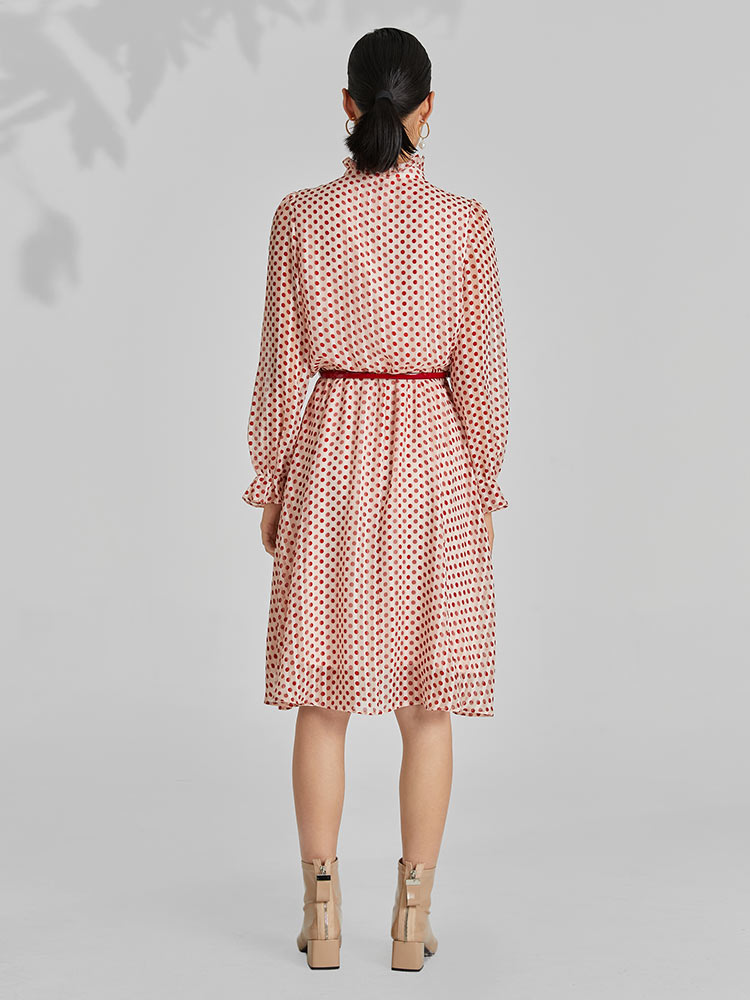 Polka Dot Mock Neck Button Front Ruffle Cuff Fit and Flare Midi Dress
