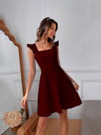 Square Neck Ruffle Shoulder Strap Back Bow Tie Fit and Flare Mini Dress