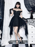 Off Shoulder Embroidered Bodice Lace Panel Handkerchief Hem Mini Dress