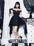 Off Shoulder Embroidered Bodice Lace Panel Handkerchief Hem Mini Dress