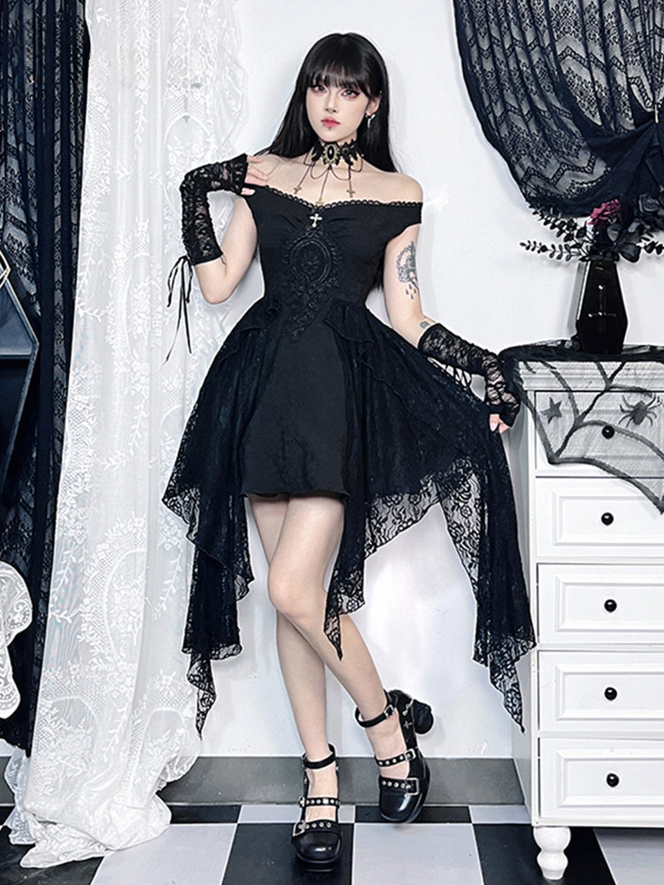 Off Shoulder Embroidered Bodice Lace Panel Handkerchief Hem Mini Dress