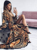 Boho Maxi Dresses Long Sleeves Printed V-Neck Slit Long Dress For Women