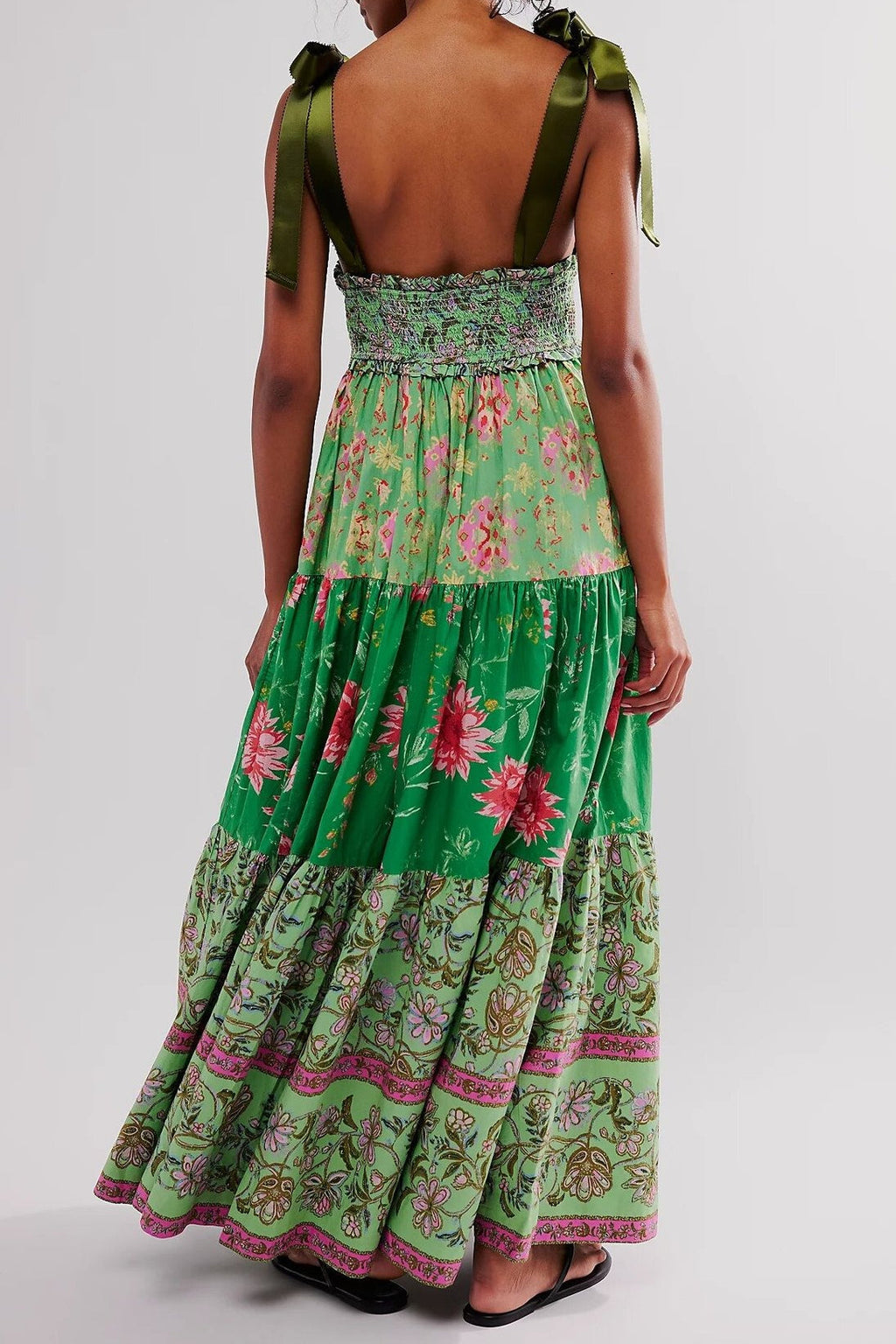 Smocked V Neck Bow Shoulder Strap Mixed Floral Tiered Maxi Dress